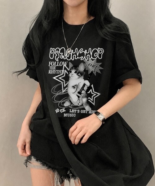 LADY LIKE(レディライク)の「キャットロックゆったり半袖Tシャツ(Tシャツ/カットソー・レディース・ワイン/ブラック/ホワイト/ピンク・M)」の5枚目の写真
