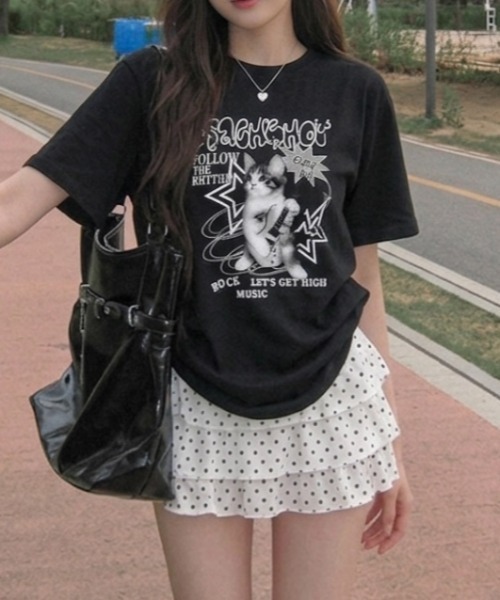 LADY LIKE(レディライク)の「キャットロックゆったり半袖Tシャツ(Tシャツ/カットソー・レディース・ワイン/ブラック/ホワイト/ピンク・M)」の10枚目の写真
