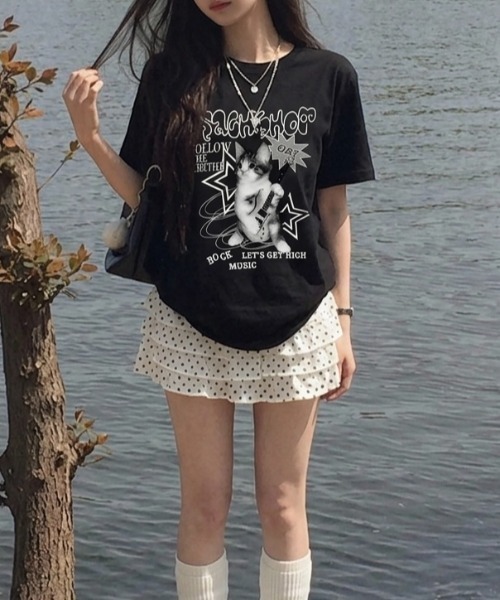 LADY LIKE(レディライク)の「キャットロックゆったり半袖Tシャツ(Tシャツ/カットソー・レディース・ワイン/ブラック/ホワイト/ピンク・M)」の12枚目の写真