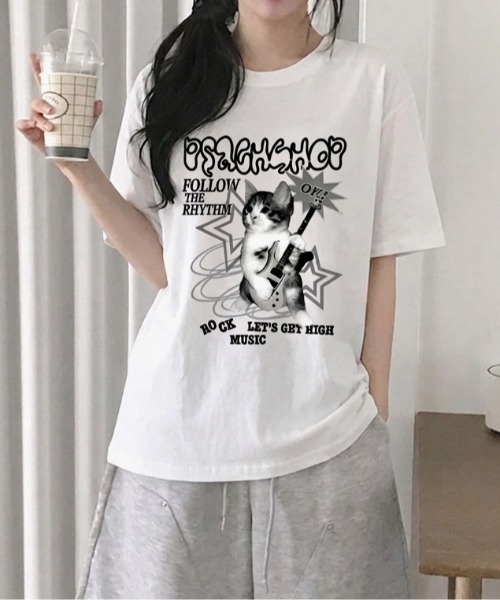 LADY LIKE(レディライク)の「キャットロックゆったり半袖Tシャツ(Tシャツ/カットソー・レディース・ワイン/ブラック/ホワイト/ピンク・M)」の14枚目の写真