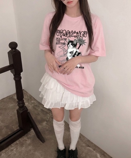 LADY LIKE(レディライク)の「キャットロックゆったり半袖Tシャツ(Tシャツ/カットソー・レディース・ワイン/ブラック/ホワイト/ピンク・M)」の17枚目の写真