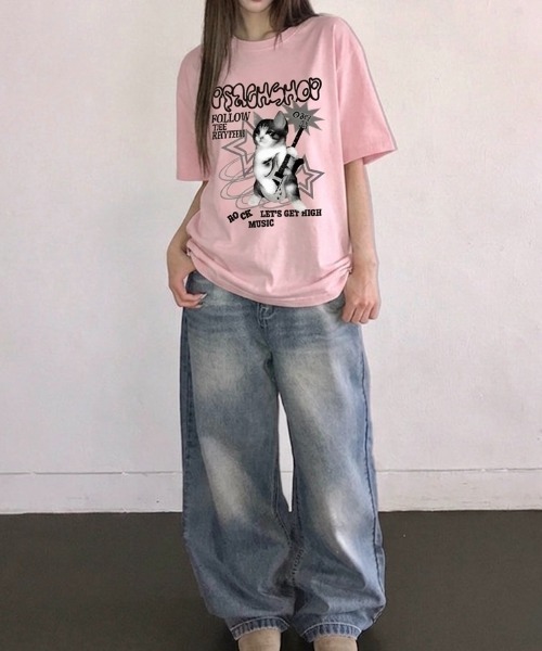 LADY LIKE(レディライク)の「キャットロックゆったり半袖Tシャツ(Tシャツ/カットソー・レディース・ワイン/ブラック/ホワイト/ピンク・M)」の19枚目の写真