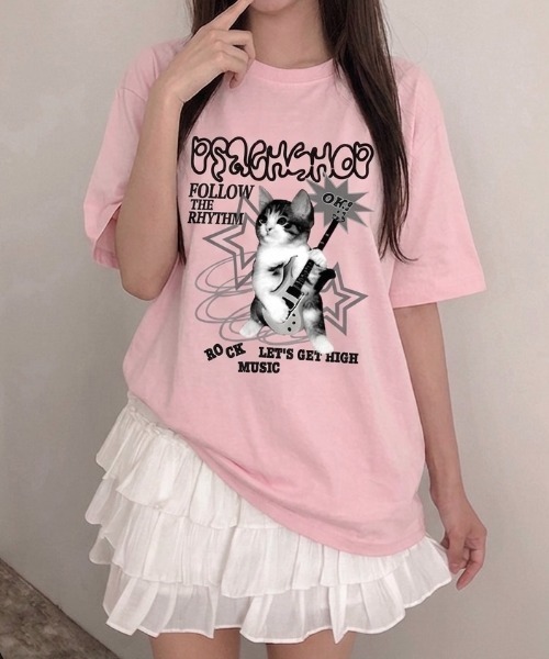 LADY LIKE(レディライク)の「キャットロックゆったり半袖Tシャツ(Tシャツ/カットソー・レディース・ワイン/ブラック/ホワイト/ピンク・M)」の18枚目の写真