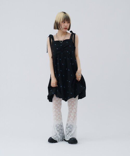 肩リボン キャミ ドレス 光沢 バルーンシルエット ミモレ 韓国 セール】【25AW】肩リボンバルーンキャミワンピース（ワンピース