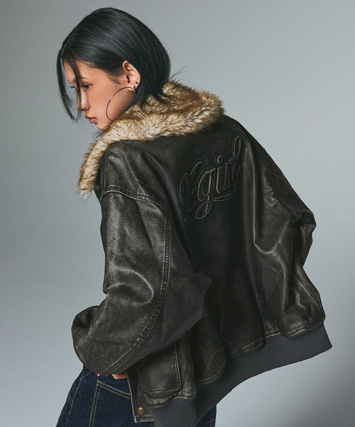 X-girl(エックスガール)の「EMBOSSED LOGO PATCH DISTRESSED FAUX LEATHER JACKET(ブルゾン・レディース・ブラック/ブラウン・S/M)」の2枚目の写真