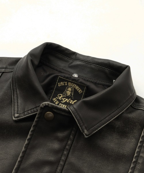 EMBOSSED LOGO PATCH DISTRESSED FAUX LEATHER JACKET（ブルゾン）｜X