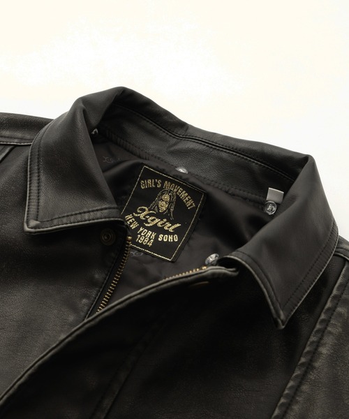 EMBOSSED LOGO PATCH DISTRESSED FAUX LEATHER JACKET（ブルゾン）｜X