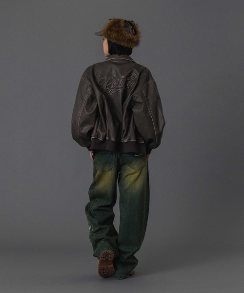 EMBOSSED LOGO PATCH DISTRESSED FAUX LEATHER JACKET（ブルゾン）｜X