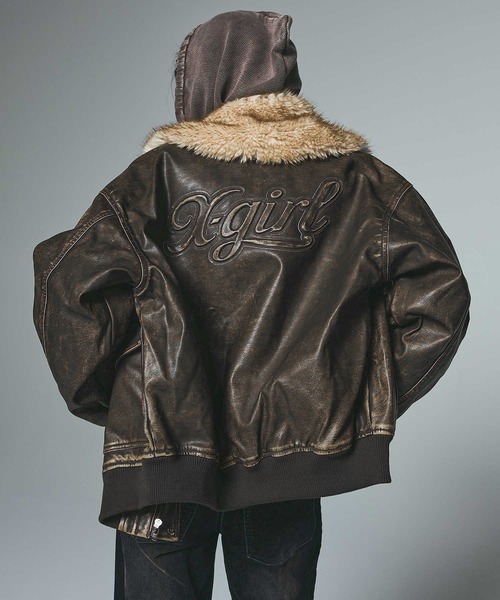 EMBOSSED LOGO PATCH DISTRESSED FAUX LEATHER JACKET（ブルゾン