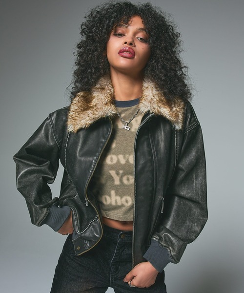 EMBOSSED LOGO PATCH DISTRESSED FAUX LEATHER JACKET（ブルゾン）｜X