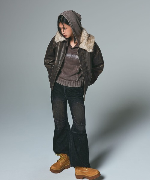 EMBOSSED LOGO PATCH DISTRESSED FAUX LEATHER JACKET（ブルゾン）｜X