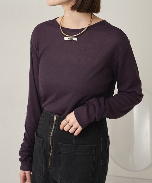 Omekashi（オメカシ）の「NUDEDシアーリブフライスプルオーバー（Tシャツ/カットソー・レディース・オフホワイト/パープル/イエロー/チャコールグレー/ベージュ/ブラック/ブルー/オレンジ/グリーン・FREE）」の7枚目の写真