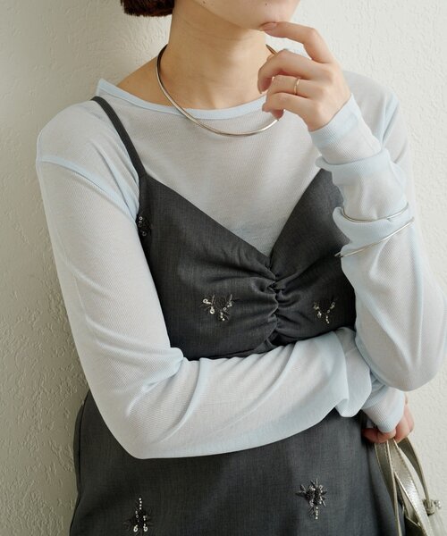 Omekashi（オメカシ）の「NUDEDシアーリブフライスプルオーバー（Tシャツ/カットソー・レディース・オフホワイト/パープル/イエロー/チャコールグレー/ベージュ/ブラック/ブルー/オレンジ/グリーン・FREE）」の6枚目の写真