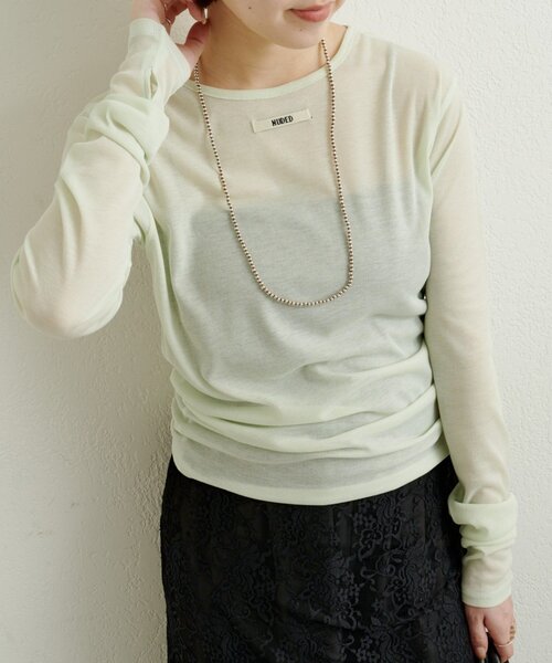 Omekashi（オメカシ）の「NUDEDシアーリブフライスプルオーバー（Tシャツ/カットソー・レディース・オフホワイト/パープル/イエロー/チャコールグレー/ベージュ/ブラック/ブルー/オレンジ/グリーン・FREE）」の5枚目の写真