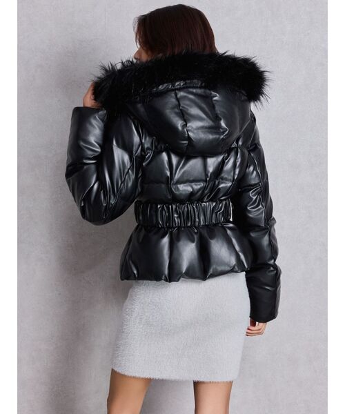 GDベルト付きフェイクレザーショートダウンコート（ダウンジャケット