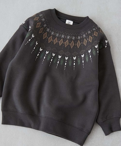 devirock（デビロック）の「デビラボ プリント 裏起毛  BOXシルエット トレーナー（スウェット・キッズ・レッド系1/レッド系2/ベージュ系1/グリーン系1/ブラック系2/ブルー系2/ベージュ系3/ブラック系4/ブラック系1/ベージュ系2/ブラック系3/グリーン系2/ブルー系1/ピンク系1・90cm/100cm/110cm/120cm/130cm/140cm/150cm/160cm）」の3枚目の写真