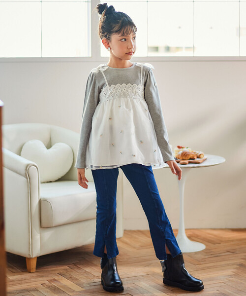 SLAP SLIP(スラップスリップ)の「花柄刺しゅうオーガンジービスチェドッキングTシャツ(80~130cm)(Tシャツ/カットソー・キッズ・イエロー/グレー・90cm/110cm/120cm/100cm/130cm/80cm)」の6枚目の写真