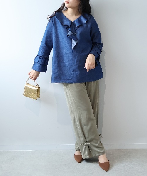 leswel(レスウェル)の「【L~5L 大きいサイズ】ラッフルフリルスリーブブラウス(シャツ/ブラウス・レディース・ダークブラウン/クリーム/ネイビー・5L/4L/3L/LL/L)」の8枚目の写真