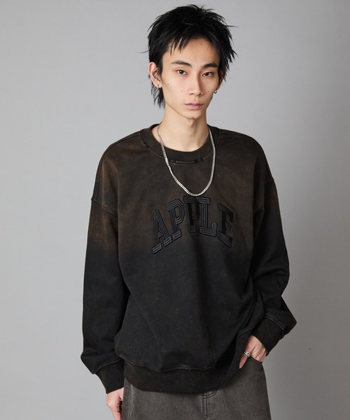 セール】APPLE Design PrintBleach processing Crew Neck Sweatshirt