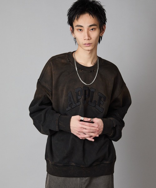 セール】APPLE Design PrintBleach processing Crew Neck Sweatshirt