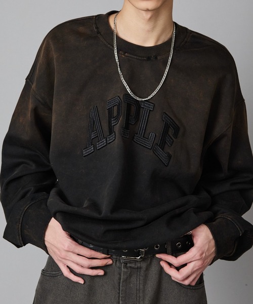 セール】APPLE Design PrintBleach processing Crew Neck Sweatshirt