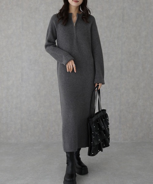 Lace Ladies(レースレディース)の「ハーフジップ リブ ロング ニット ワンピース(ワンピース・レディース・ブラック/グレイッシュベージュ/グレー/チャコールグレー・S/FREE)」の2枚目の写真