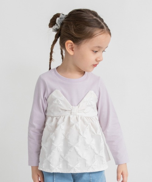 BRANSHES（ブランシェス）の「【おそろい】リボン柄ドッキング長袖Tシャツ（Tシャツ/カットソー・キッズ・アイボリー/ブラック・110/120/100/140/130/90/150/80）」の2枚目の写真