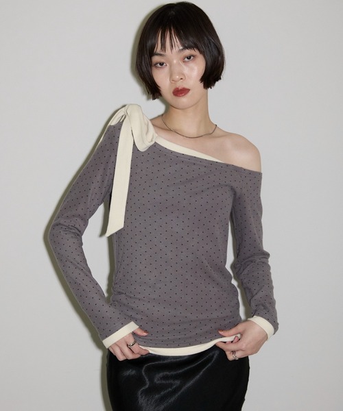 leimn(レイムン)の「ワンショルリボントップス(Tシャツ/カットソー・レディース・ネイビー/グレー系その他・M)」の2枚目の写真