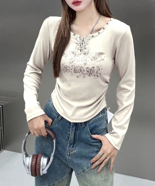 SpRay（スプレイ）の「イーグルプリントスピンドルロンT（Tシャツ/カットソー・レディース・アイボリー/ブラウン/カーキ/ライトベージュ/ブラック/ボルドー/ホワイト・FREE）」の3枚目の写真