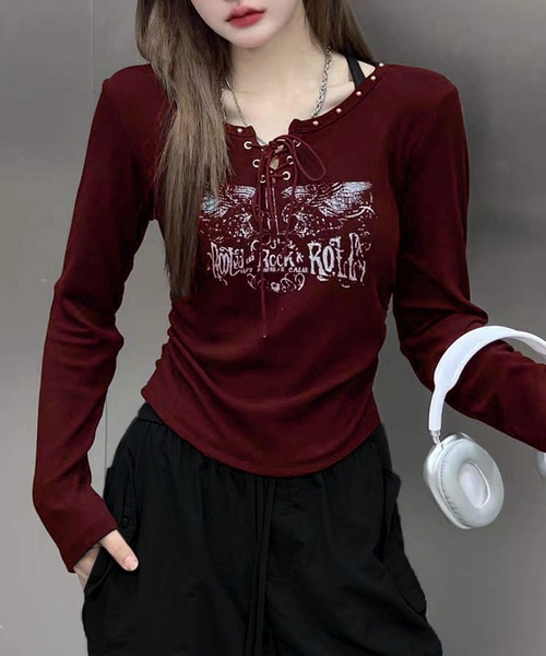 SpRay（スプレイ）の「イーグルプリントスピンドルロンT（Tシャツ/カットソー・レディース・アイボリー/ブラウン/カーキ/ライトベージュ/ブラック/ボルドー/ホワイト・FREE）」の7枚目の写真