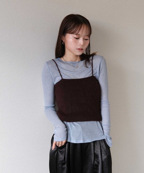 Reurie'(レウリィ)の「アンゴラブレンドニットビスチェ / キャミソール レイヤード 重ね着 ふわふわ 秋冬 シンプル(キャミソール・レディース・ダークブラウン/ライトグレー・FREE)」の4枚目の写真