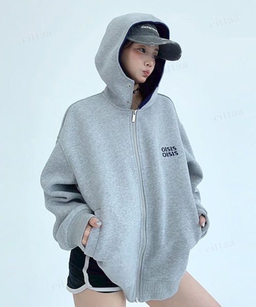 韓国ファッション OISIS裏地バイカラーデザインジップアップパーカー