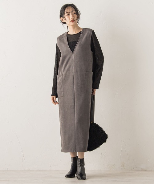 Droite lautreamont（ドロワットロートレアモン）の「マシュマロスウェードワンピース≪手洗い可能≫（ワンピース・レディース・ベージュ/チャコールグレー・M/S）」の12枚目の写真