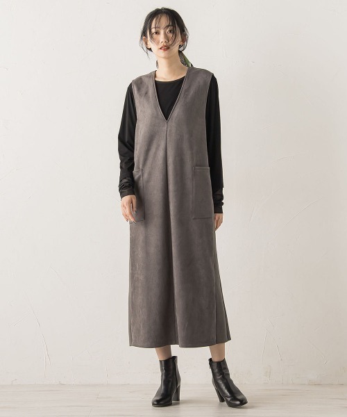 Droite lautreamont（ドロワットロートレアモン）の「マシュマロスウェードワンピース≪手洗い可能≫（ワンピース・レディース・ベージュ/チャコールグレー・M/S）」の10枚目の写真