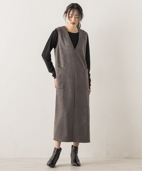 Droite lautreamont（ドロワットロートレアモン）の「マシュマロスウェードワンピース≪手洗い可能≫（ワンピース・レディース・ベージュ/チャコールグレー・M/S）」の11枚目の写真