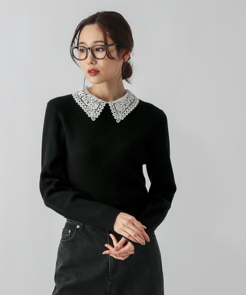 【早い者勝ち❗️】stone  襟付きニット　ブラック　XL セール】メルティレース襟2WAYプルオーバー/579672（ニット/セーター