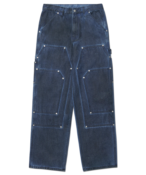 NOMANUAL(NOMANUAL)の「TRIPLE KNEE DYED WORK PANTS - DYED BLUE(デニムパンツ・レディース・その他・SMALL/MEDIUM/LARGE)」の1枚目の写真