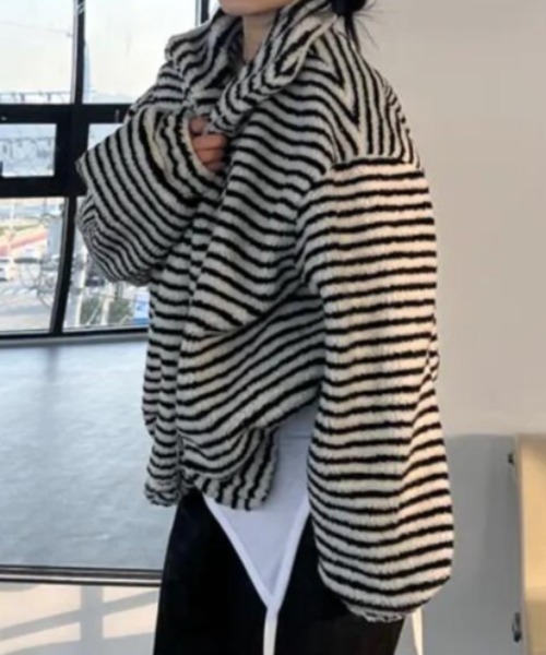 セール】ストライプ柄ハイネックフリースジャケット（その他アウター