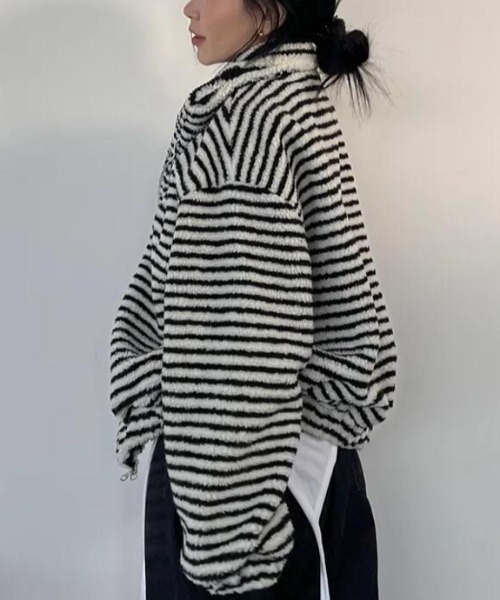 セール】ストライプ柄ハイネックフリースジャケット（その他アウター