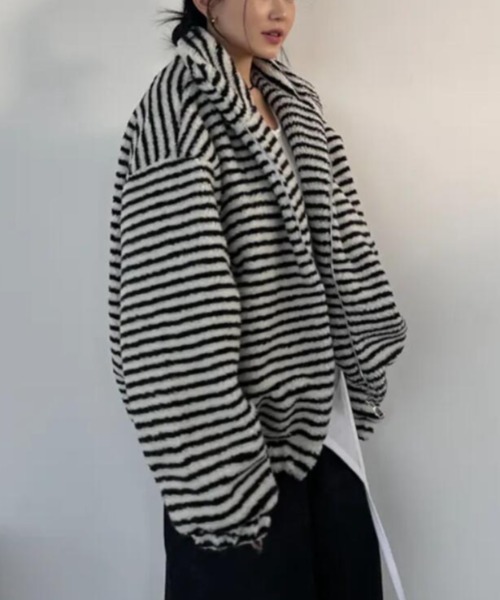 セール】ストライプ柄ハイネックフリースジャケット（その他アウター