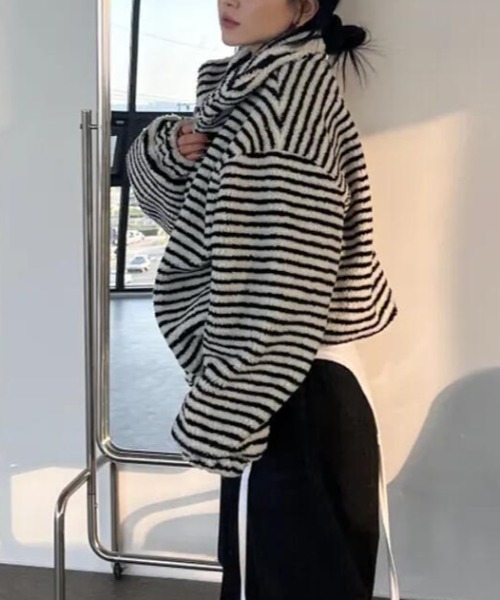 セール】ストライプ柄ハイネックフリースジャケット（その他アウター