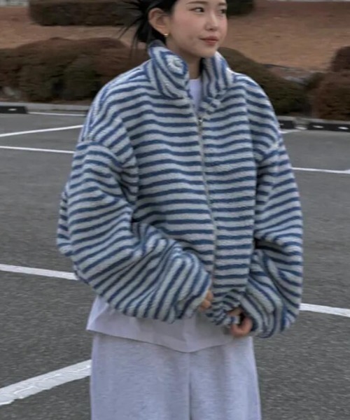 セール】ストライプ柄ハイネックフリースジャケット（その他アウター