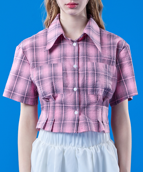 KOLEAT（コレット）の「夏休み地チェック クーリングスリムクロップ半袖シャツ [PINK]（シャツ/ブラウス・レディース・その他・FREE）」の2枚目の写真