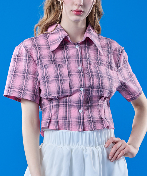 KOLEAT（コレット）の「夏休み地チェック クーリングスリムクロップ半袖シャツ [PINK]（シャツ/ブラウス・レディース・その他・FREE）」の3枚目の写真