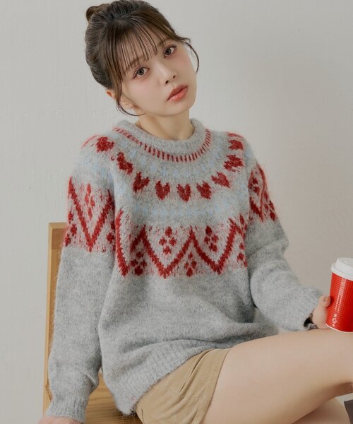 Chico（チコ）の「ハート柄ノルディックニット（ニット/セーター・レディース・グレー/アイボリー/ダークグレー・FREE）」の2枚目の写真