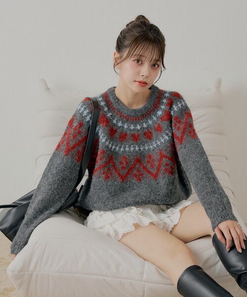 Chico（チコ）の「ハート柄ノルディックニット（ニット/セーター・レディース・グレー/アイボリー/ダークグレー・FREE）」の3枚目の写真