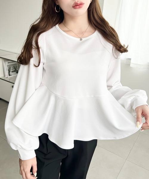 moment+(モーメントプラス)の「しわになりにくい長袖ストレッチジョーゼットペプラムTブラウス(Tシャツ/カットソー・レディース・ブラック/ネイビー/オフホワイト・M)」の14枚目の写真