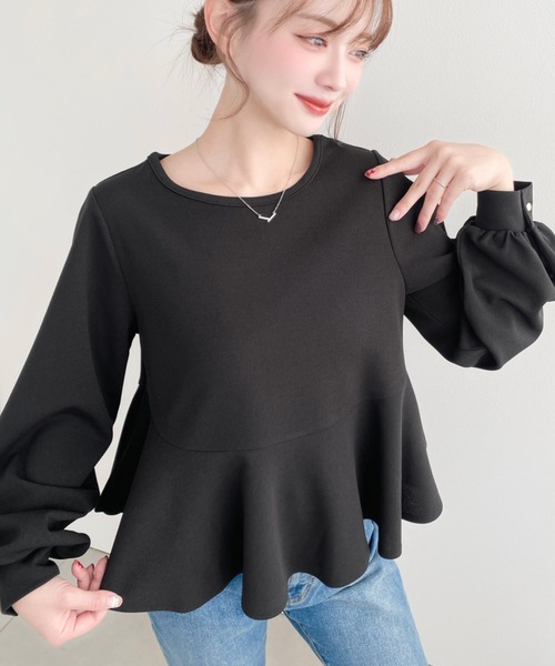moment+(モーメントプラス)の「しわになりにくい長袖ストレッチジョーゼットペプラムTブラウス(Tシャツ/カットソー・レディース・ブラック/ネイビー/オフホワイト・M)」の4枚目の写真