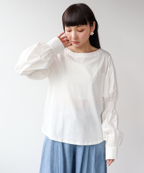 Three Four Time(スリーフォータイム)の「2wayギャザースリーブTシャツ(Tシャツ/カットソー・レディース・オフホワイト/ブラック・FREE)」の9枚目の写真