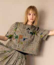 Cepica | 落書きプリントチェックパフスリーブトップス(Tシャツ/カットソー)